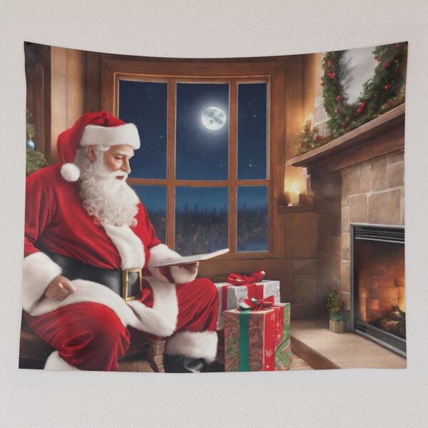Item preview, Santa Claus placing gifts under a Christmas tree inside a home. Fireplace burning, and the moon through the window designed and sold by DeJuin.