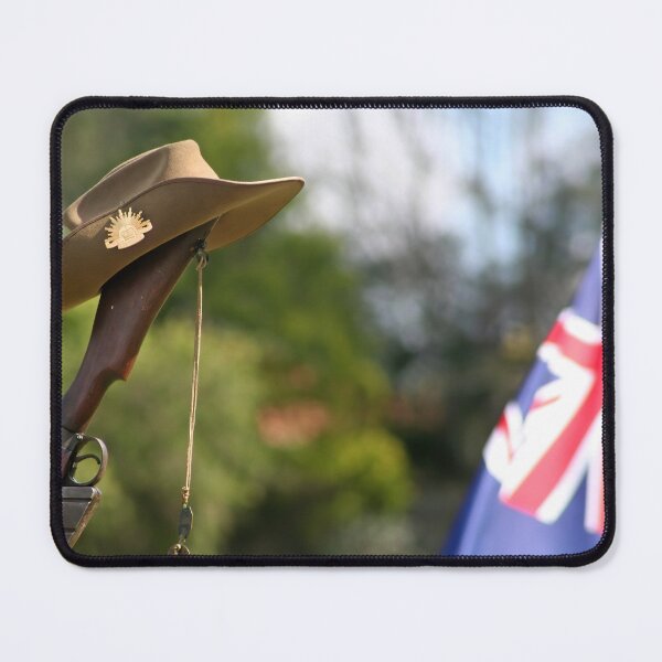 Item preview, Australian Military slouch hat, dog tags, upturned Lee Enfield 303 rilfe and Australian National Flag on ANZAC Day designed and sold by Bombergirls.