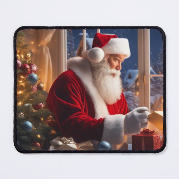 Item preview, Santa Claus placing gifts under a Christmas tree inside a home. Fireplace burning, and the moon through the window designed and sold by DeJuin.