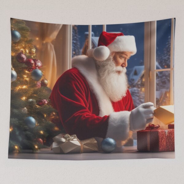 Item preview, Santa Claus placing gifts under a Christmas tree inside a home. Fireplace burning, and the moon through the window designed and sold by DeJuin.