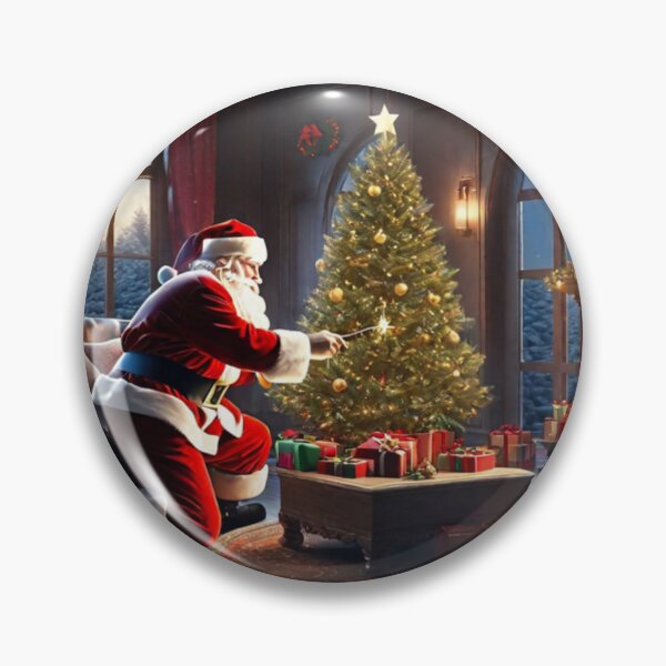 Item preview, Santa Claus placing gifts under a Christmas tree inside a home. Fireplace burning, and the moon through the window designed and sold by DeJuin.