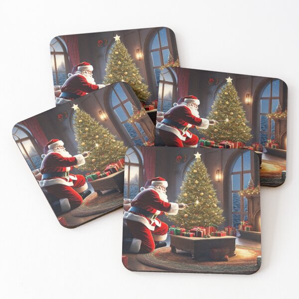 Item preview, Santa Claus placing gifts under a Christmas tree inside a home. Fireplace burning, and the moon through the window designed and sold by DeJuin.