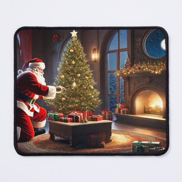 Item preview, Santa Claus placing gifts under a Christmas tree inside a home. Fireplace burning, and the moon through the window designed and sold by DeJuin.