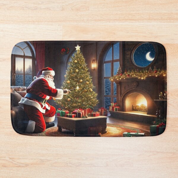 Item preview, Santa Claus placing gifts under a Christmas tree inside a home. Fireplace burning, and the moon through the window designed and sold by DeJuin.