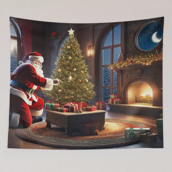 Item preview, Santa Claus placing gifts under a Christmas tree inside a home. Fireplace burning, and the moon through the window designed and sold by DeJuin.