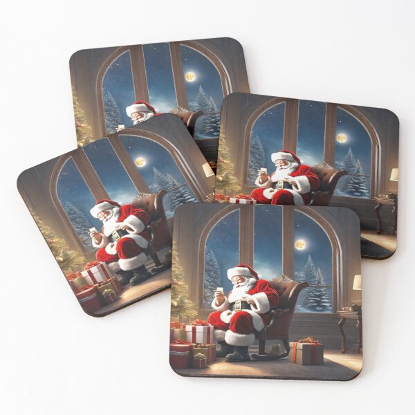 Item preview, Santa Claus placing gifts under a Christmas tree inside a home. Fireplace burning, and the moon through the window designed and sold by DeJuin.