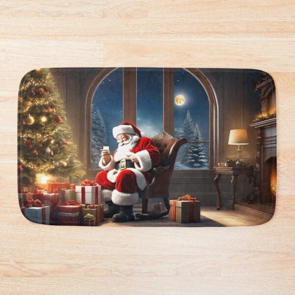 Item preview, Santa Claus placing gifts under a Christmas tree inside a home. Fireplace burning, and the moon through the window designed and sold by DeJuin.