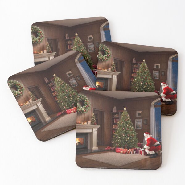 Item preview, Santa Claus placing gifts under a Christmas tree inside a home. Fireplace burning designed and sold by DeJuin.