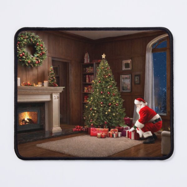 Item preview, Santa Claus placing gifts under a Christmas tree inside a home. Fireplace burning designed and sold by DeJuin.