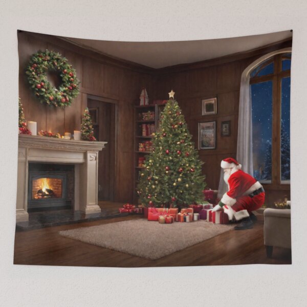 Item preview, Santa Claus placing gifts under a Christmas tree inside a home. Fireplace burning designed and sold by DeJuin.