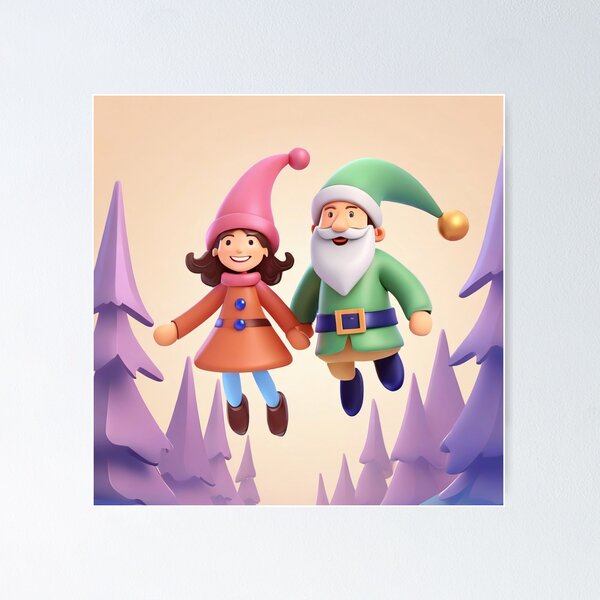 Item preview, Happy male and female gnome in xmas outfit flying through the forest designed and sold by fotofeast.