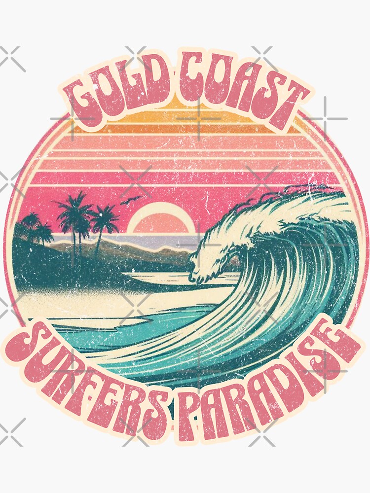 Aperçu 3 sur 3. Sticker avec l'œuvre Impression de surf vintage Gold Coast Surfers Paradise créée et vendue par Beerbony.