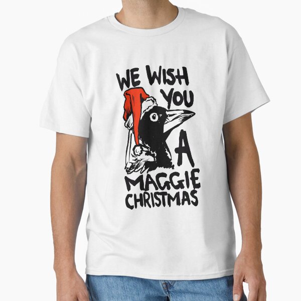 Item preview, Christmas Magpie T Shirt - Australian Magpie Christmas Themed Tee with quote "We Wish You a Maggie Christmas" featuring an Aussie Magpie!! designed and sold by sketchNkustom.