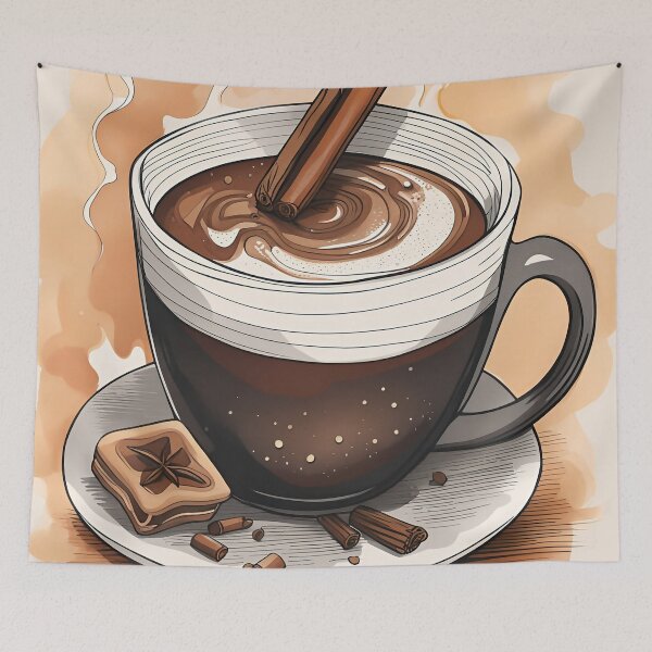 Item preview, Hot chocolate with cinnamon sticks, biscuits, star anise and pumpkin spice for a cozy autumn and winter designed and sold by depthsofthemind.