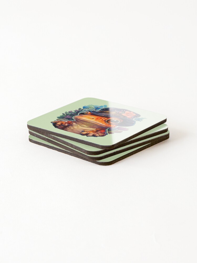 Thumbnail 4 of 5, Coasters (Set of 4), Fantasy Creature Frog In Hat With Flowers designed and sold by FoxTreeDesign.