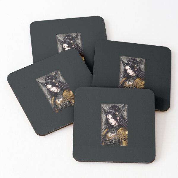 Item preview, face of a fairy woman, gothic look with tiara, black hair, refined, dressed in black and gold, gray background designed and sold by Creativesphotos.