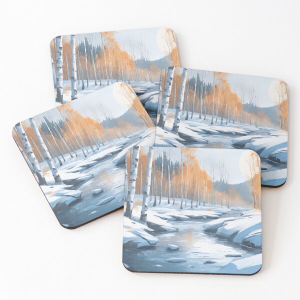 Item preview, Painting of winter snowy scene with birches and river designed and sold by twisted-dot.