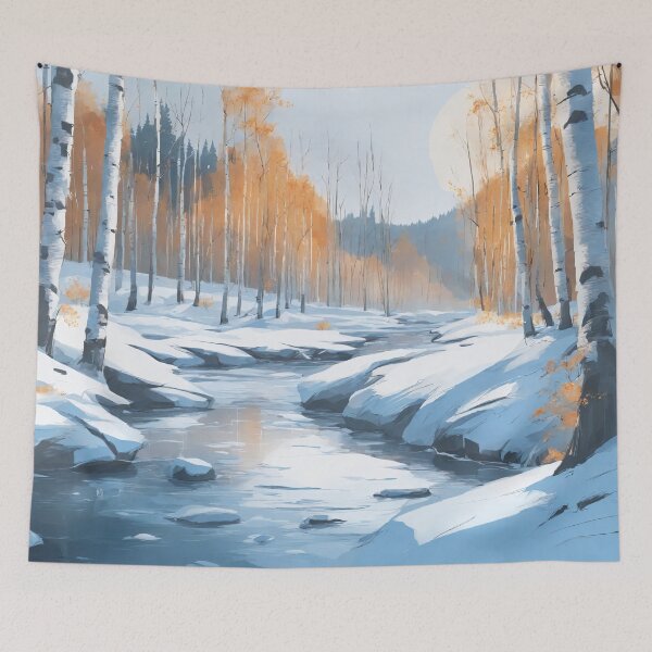 Item preview, Painting of winter snowy scene with birches and river designed and sold by twisted-dot.