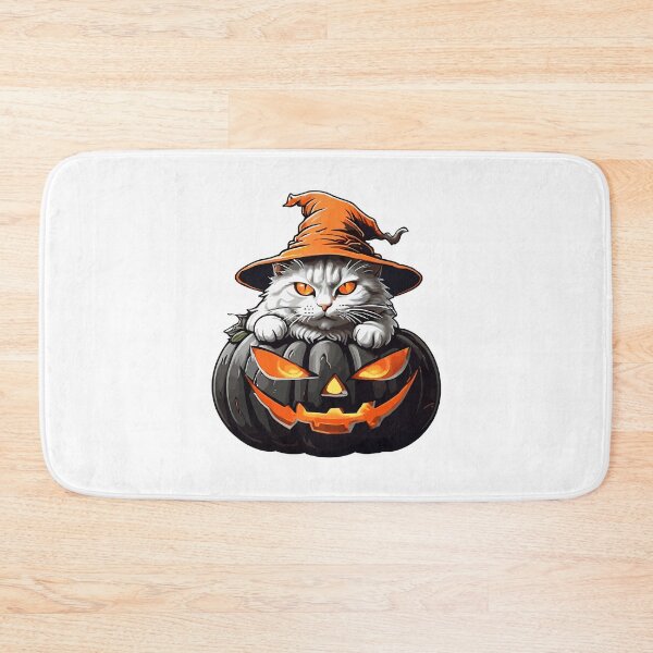Item preview, White cat with a witch's hat on top of a pumpkin designed and sold by AlejaJorgeShop.