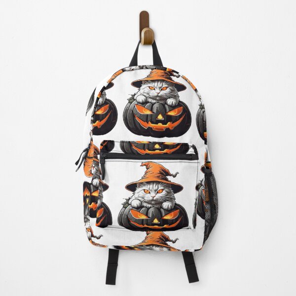 Item preview, White cat with a witch's hat on top of a pumpkin designed and sold by AlejaJorgeShop.