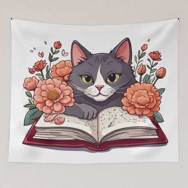 Artikelvorschau, Lustige Katze liest neben Blumen entworfen und verkauft von Samadi style.