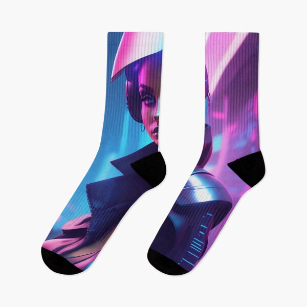 Artikelvorschau, Heiße sexy Cyberpunk-Stil-Mädchenfrau mit Kopfhörern in einer Neonstadt entworfen und verkauft von Butler in the Home.
