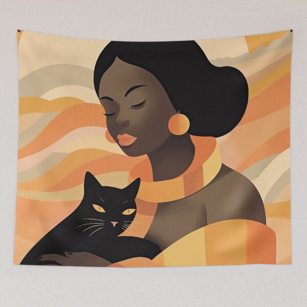 Item preview, African American woman holding a Black cat designed and sold by MeowcuryRising.