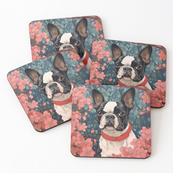 Item preview, Boston Terrier dog amidst sakura blossoms old Japanese anime art designed and sold by WallyPink.