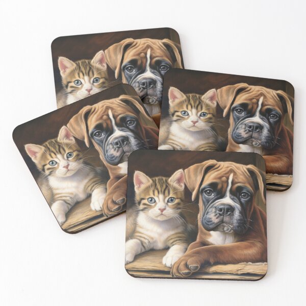 Item preview, cute cat kitten and dog boxer puppy friendship designed and sold by WallyPink.