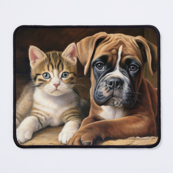 Item preview, cute cat kitten and dog boxer puppy friendship designed and sold by WallyPink.
