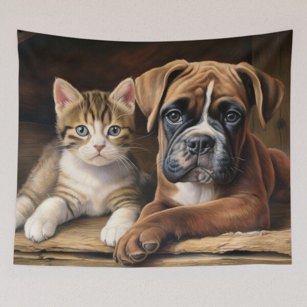 Item preview, cute cat kitten and dog boxer puppy friendship designed and sold by WallyPink.