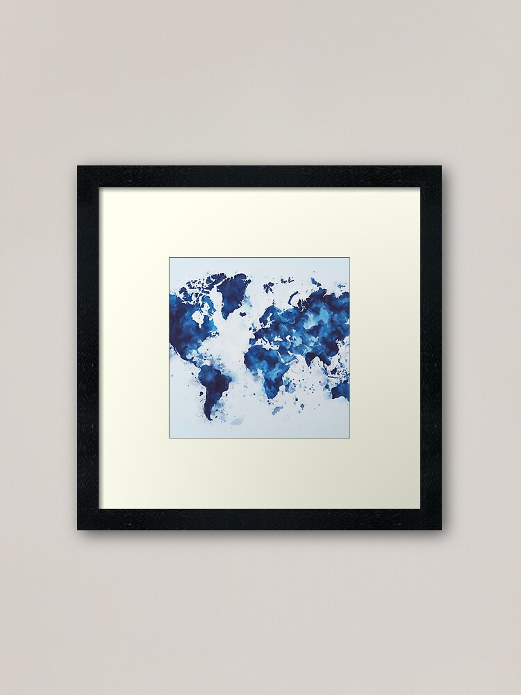 Framed Art Print, Indigo World Map Art Print designed and sold by cokemann