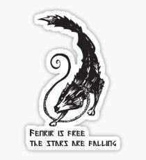 Fenrir is free, the stars are falling - dog Norse Viking mythology black and white ink engraved woodcut style with runic text Sticker