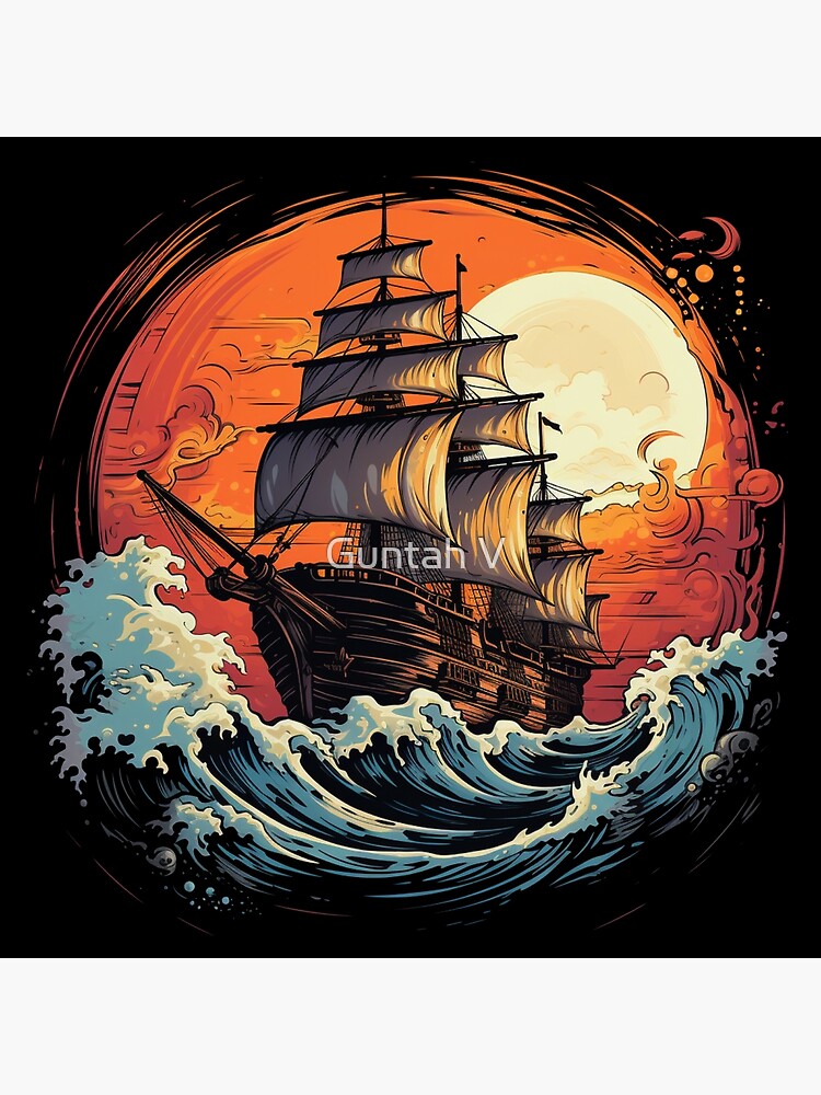 A beautiful drawing of a pirateship sailing the wild seas | Poster