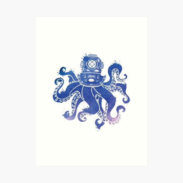 "Abstract Watercolor Octopus Diver With Dive Helmet" Art Print for Sale