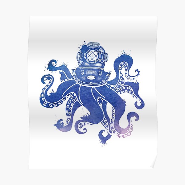 "Abstract Watercolor Octopus Diver With Dive Helmet" Poster for Sale by