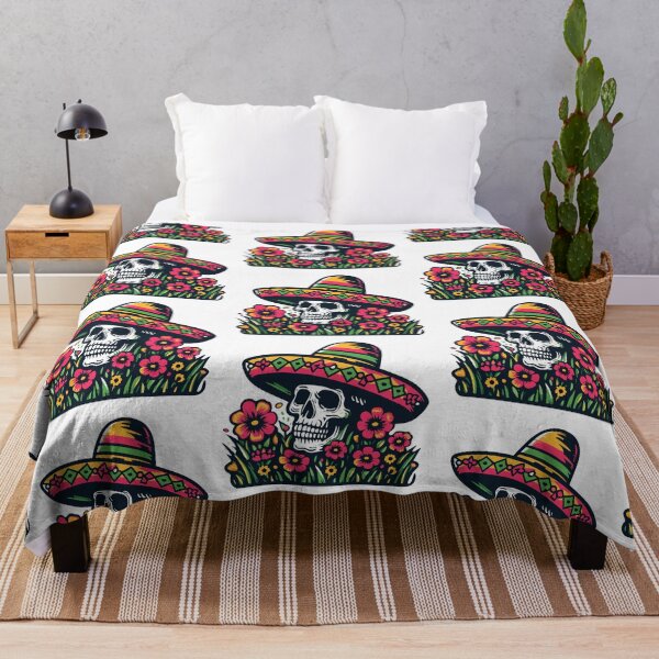 Item preview, Skull: The image shows a human skull, wearing a Mexican straw hat, surrounded by colorful flowers. designed and sold by yensyriv.