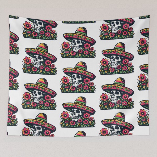 Item preview, Skull: The image shows a human skull, wearing a Mexican straw hat, surrounded by colorful flowers. designed and sold by yensyriv.