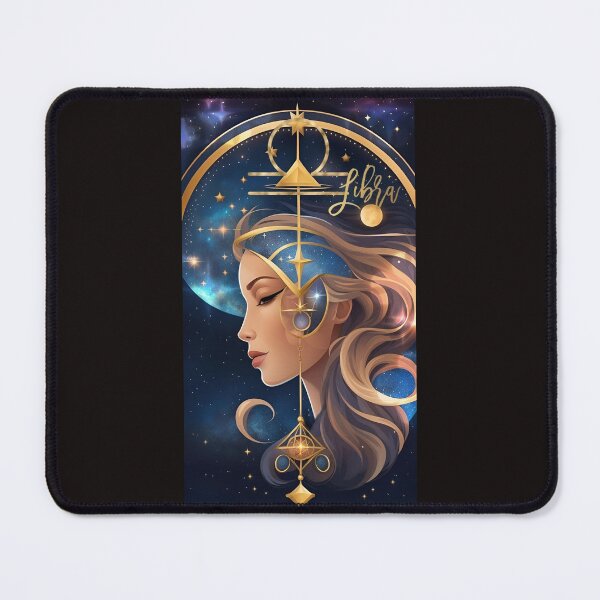 Item preview, woman in profile astrological symbol Libra, blue and gold on starry celestial background; Libra inscription on the image designed and sold by Creativesphotos.