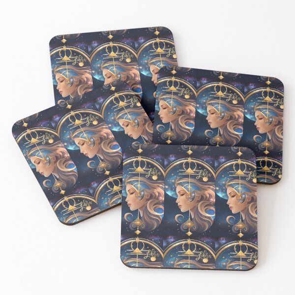 Item preview, woman in profile astrological symbol Libra, blue and gold on starry celestial background; Libra inscription on the image designed and sold by Creativesphotos.