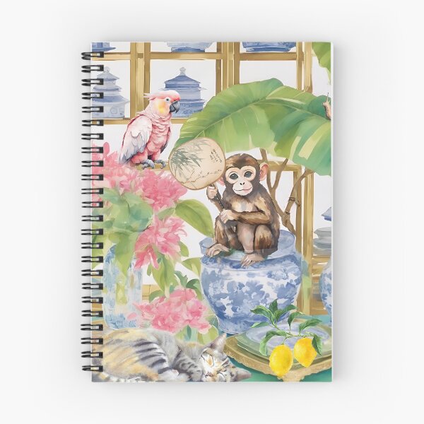 Item preview, Monkey, pink cockatoo parrot and tabby cat in chinoiserie interior designed and sold by SophieClimaArt.