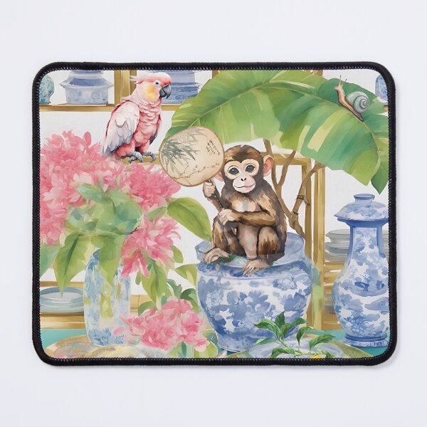 Item preview, Monkey, pink cockatoo parrot and tabby cat in chinoiserie interior designed and sold by SophieClimaArt.