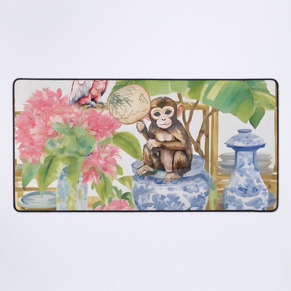 Item preview, Monkey, pink cockatoo parrot and tabby cat in chinoiserie interior designed and sold by SophieClimaArt.