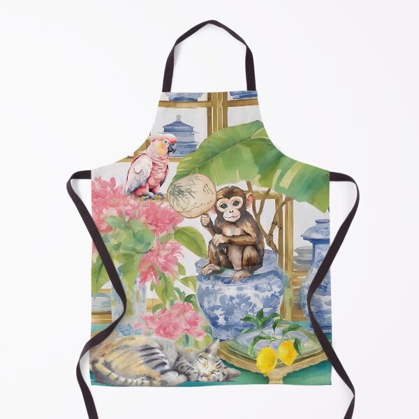 Item preview, Monkey, pink cockatoo parrot and tabby cat in chinoiserie interior designed and sold by SophieClimaArt.