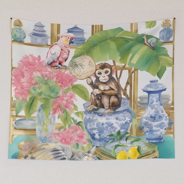 Item preview, Monkey, pink cockatoo parrot and tabby cat in chinoiserie interior designed and sold by SophieClimaArt.