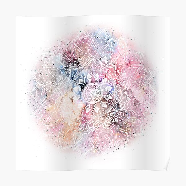 Whimsical white watercolor mandala design Poster