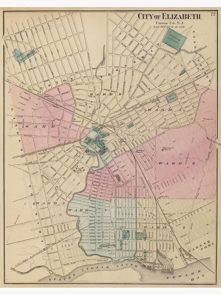 "Vintage Map of Elizabeth New Jersey (1872)" Sticker for Sale by