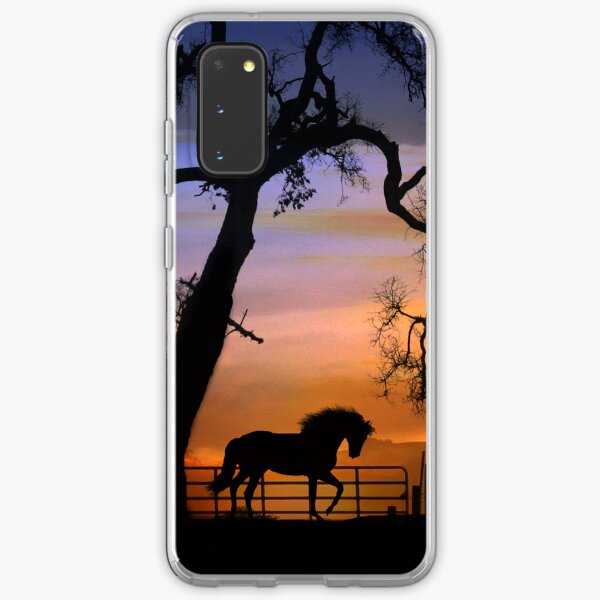 Aperçu de l'œuvre Beau cheval et clôture avec Silhouette de Sunrise Oak Tree créée et vendue par Stephanie Laird.