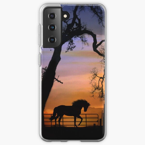 Aperçu de l'œuvre Beau cheval et clôture avec Silhouette de Sunrise Oak Tree créée et vendue par Stephanie Laird.