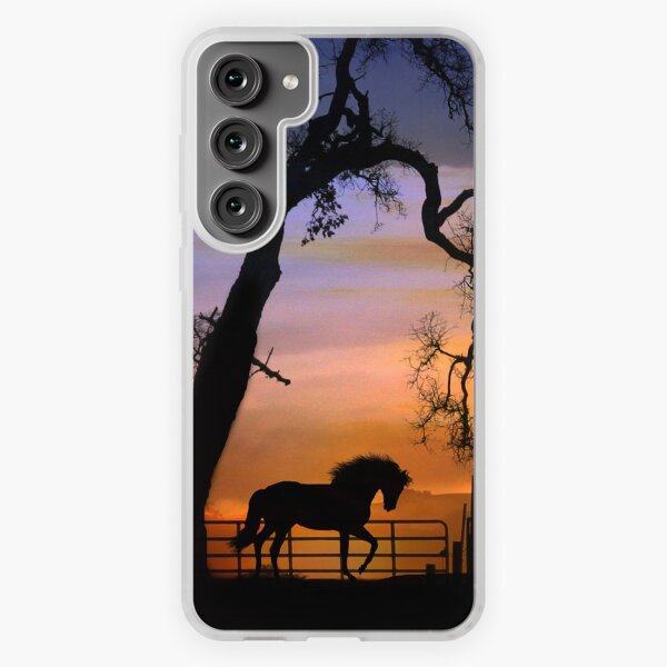 Aperçu de l'œuvre Beau cheval et clôture avec Silhouette de Sunrise Oak Tree créée et vendue par Stephanie Laird.
